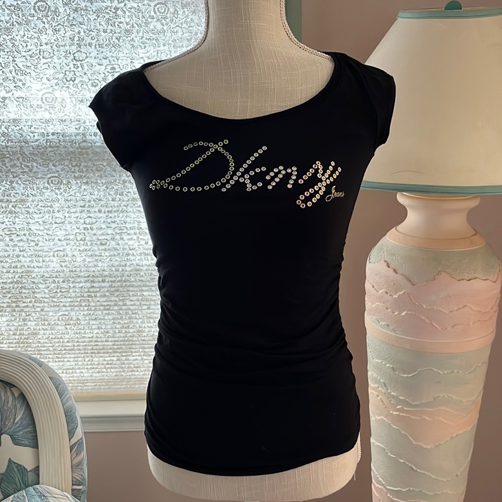 DKNY Jeans Jeweled Black Shirred cap sleeve top, size XS